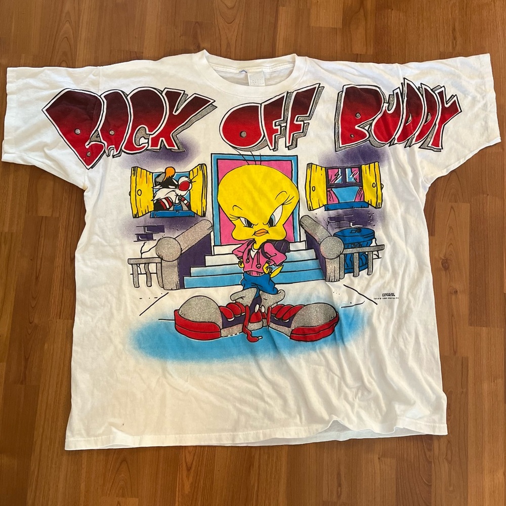 Vintage 1996 Single Stitch Tweety AOP, Womens 2XL, Back Off Buddy Short …